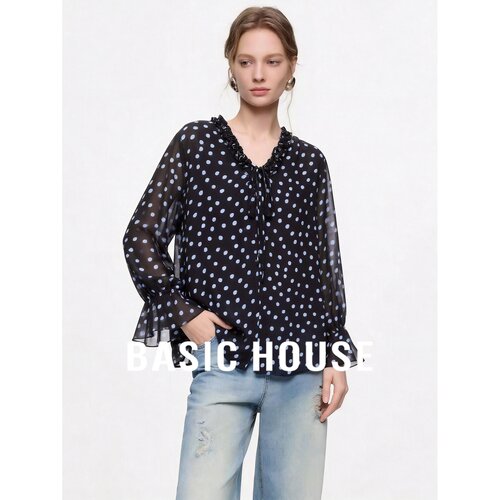 Basic House/百家好2026秋季新款系带领荷叶边波点宽松女长袖衬衫