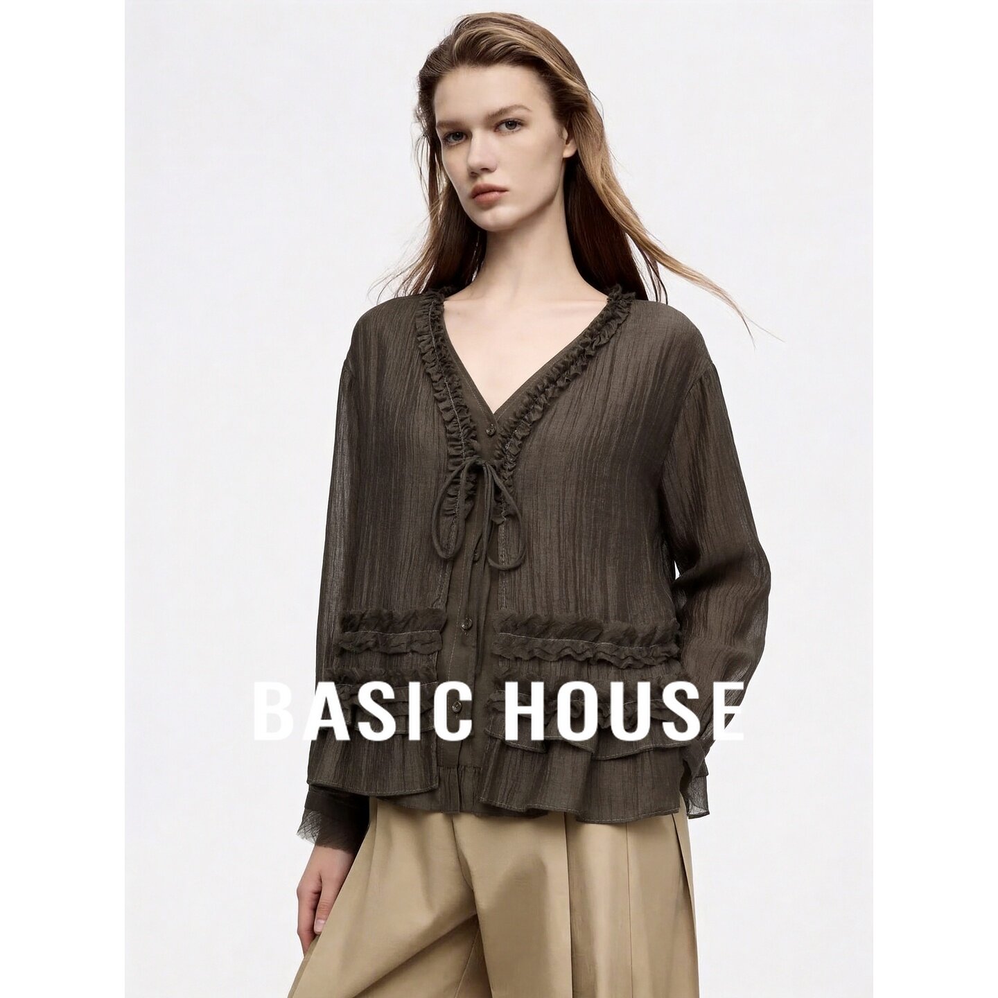 Basic House/百家好法式系带莱赛尔花边衬衫女气质上衣时尚女装