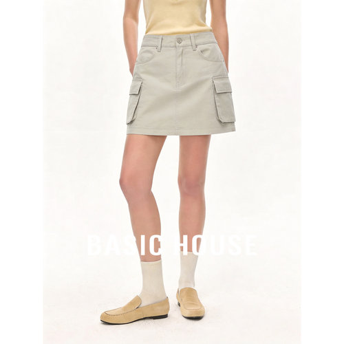 Basic House/百家好工装风高腰A字半身裙女夏季多口袋小个子短裙