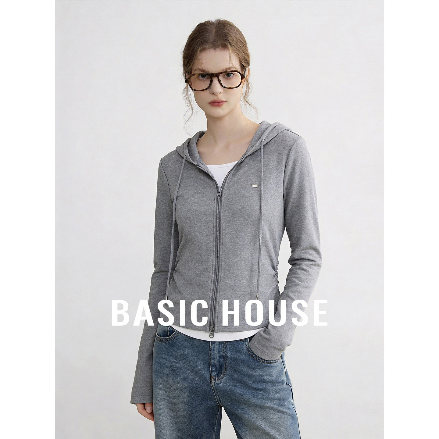 Basic House/百家好连帽抽绳纯色修身卫衣女春季舒适百搭短款外套