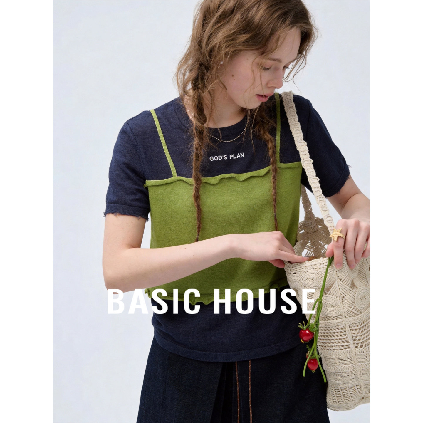 Basic House/百家好韩版撞色假两件短袖针织衫女夏季叠穿显瘦上衣