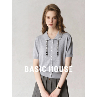 国风飘带短袖 百家好灰色翻领针织衫 温柔通勤百搭上衣 House Basic
