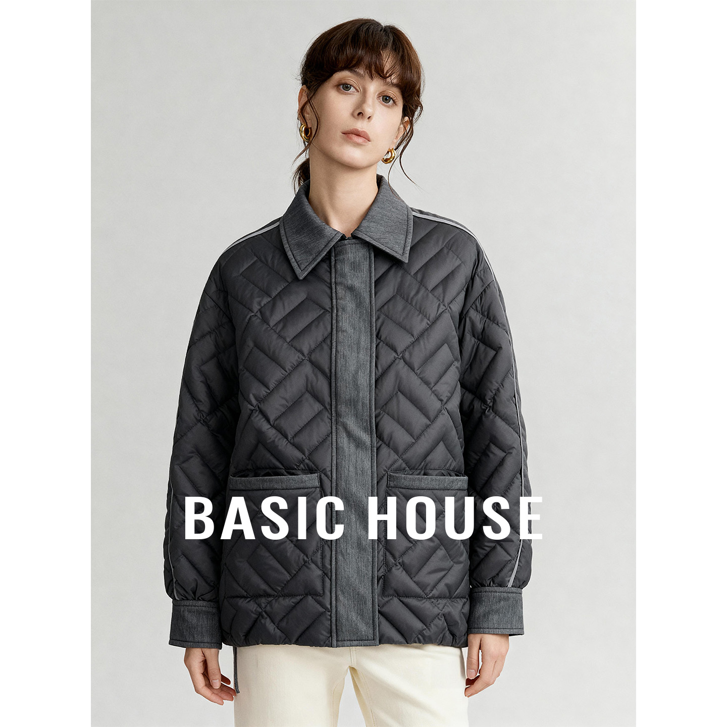 Basic House/百家好polo领保暖百搭短款羽绒服女秋冬新款简外套