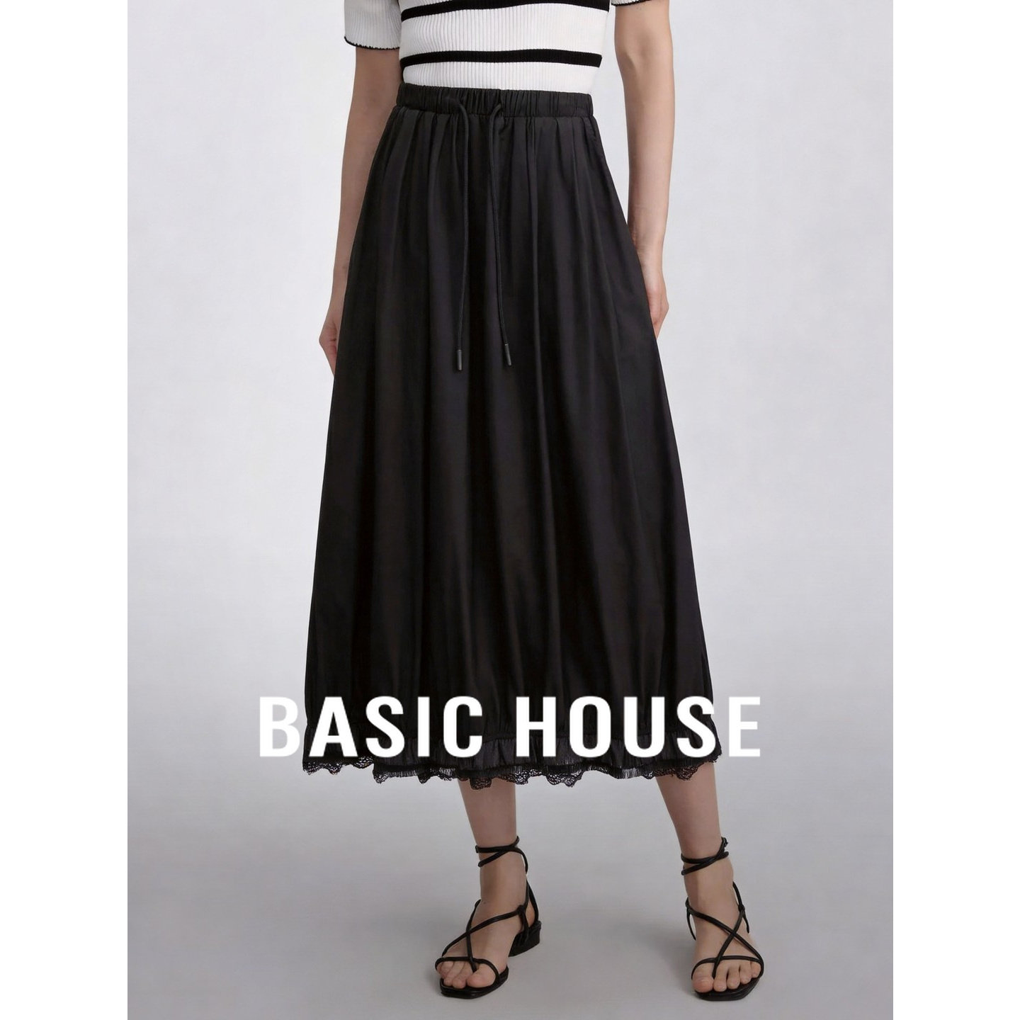 Basic House/百家好简约松紧腰百褶半身裙女夏季黑色显瘦A字长裙