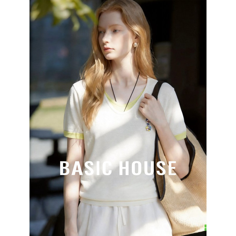 Basic House/百家好V领短袖针织衫撞色拼接宽松女夏舒适日常百搭
