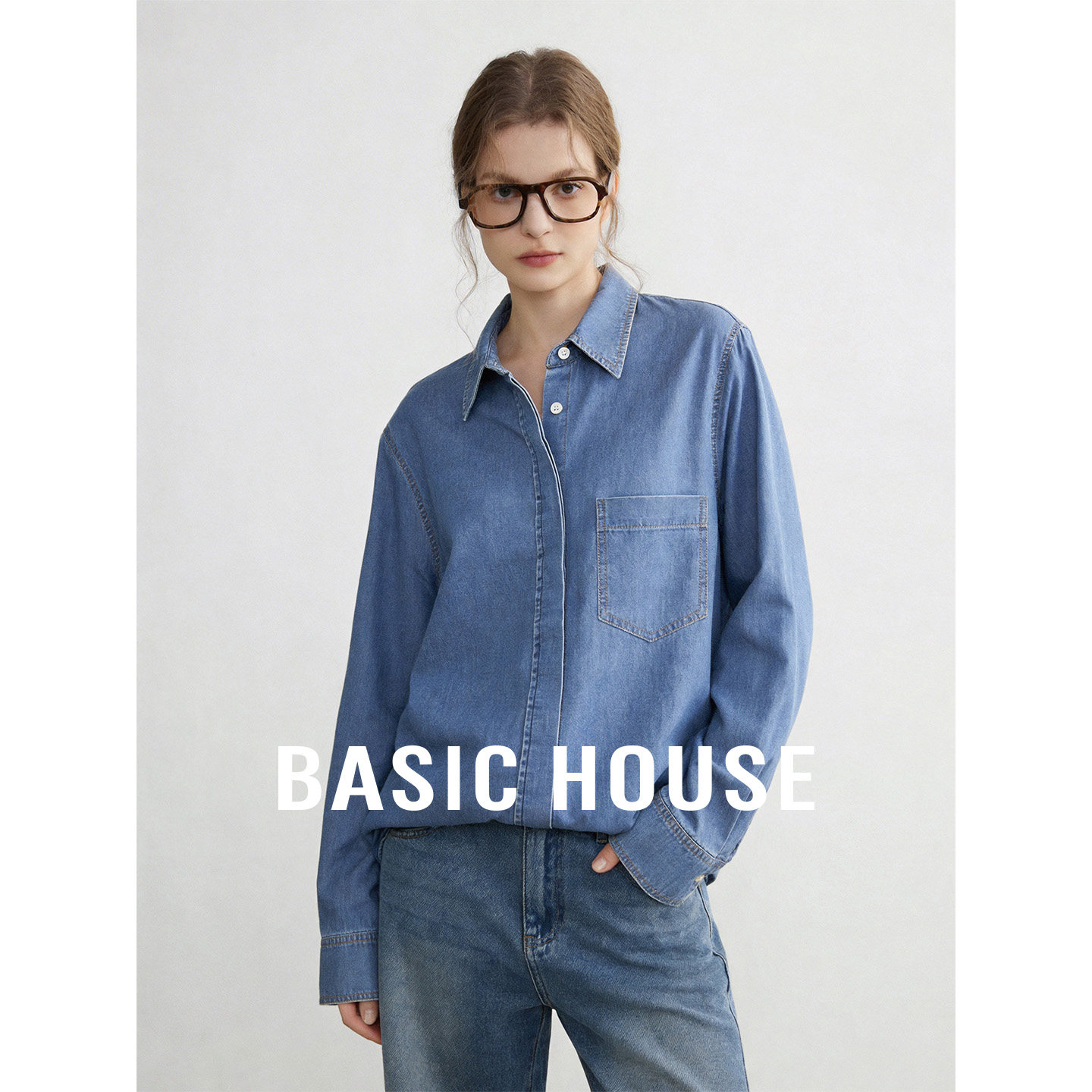 Basic House/百家好深蓝色polo领长袖衬衫女春夏棉质舒适百搭上衣