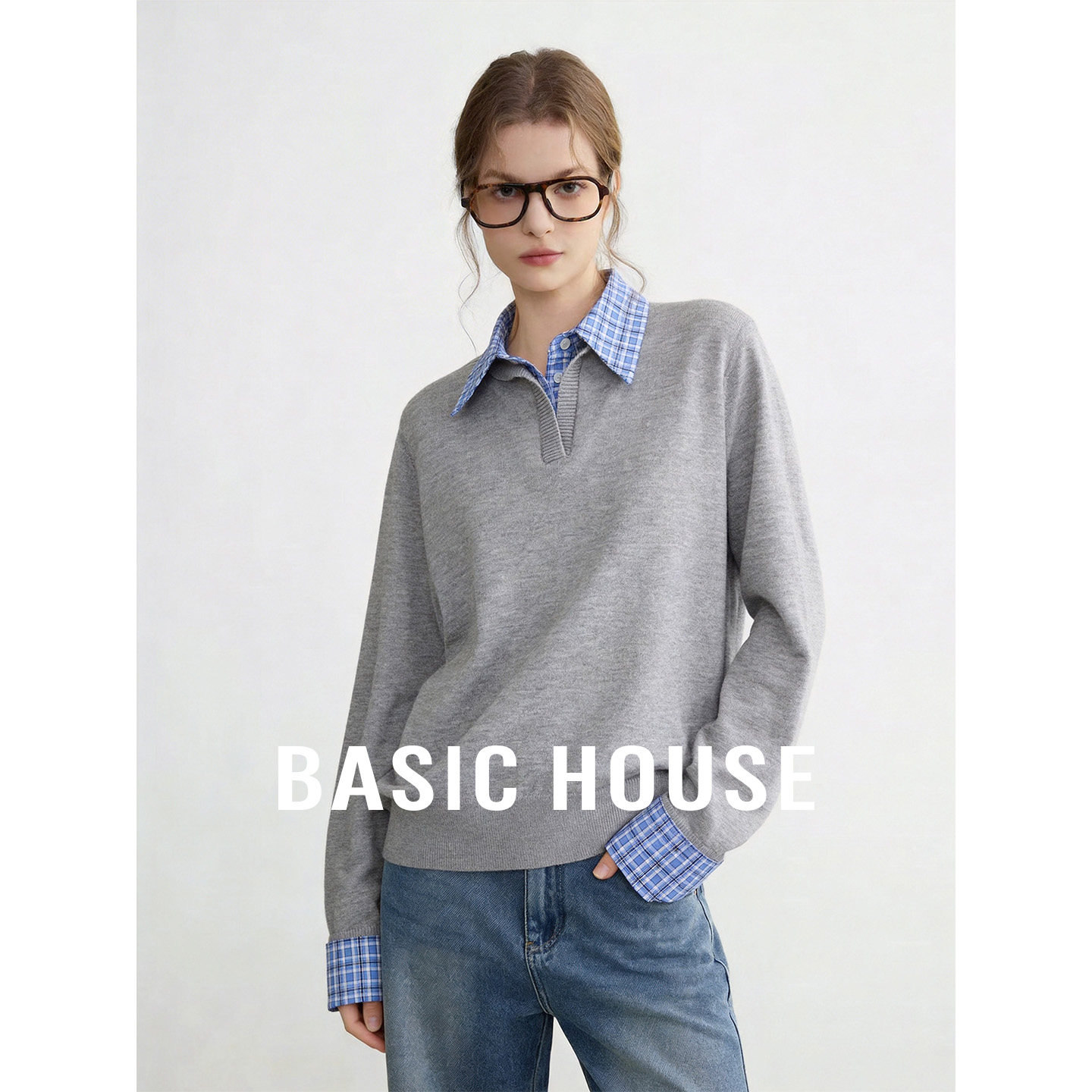 Basic House/百家好学院风假两件针织衫女撞色格子拼接Polo领上衣