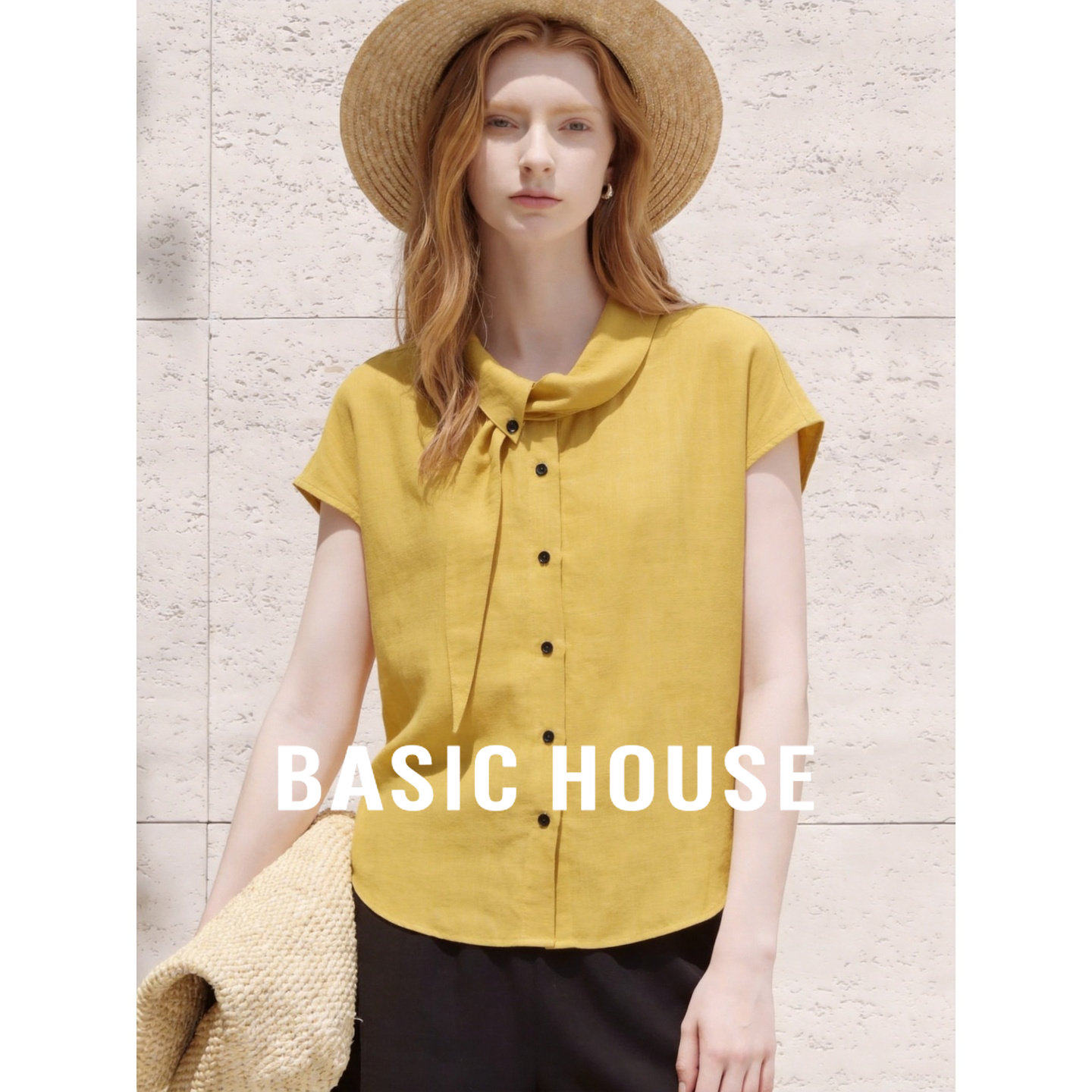 Basic House/百家好莱赛尔蝴蝶结领短袖衬衫女夏季通勤上衣高级感