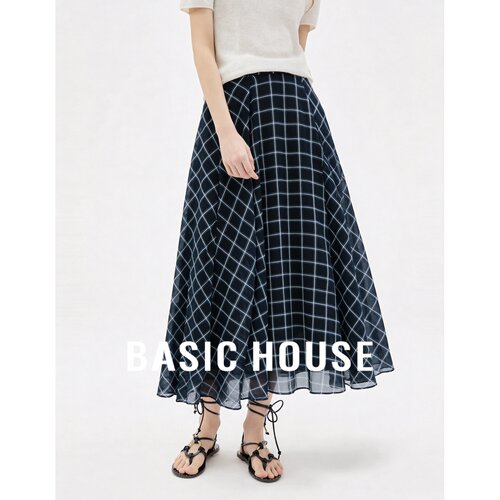 Basic House/百家好复古格纹半身裙女夏季蓝色高腰不对称下摆长裙