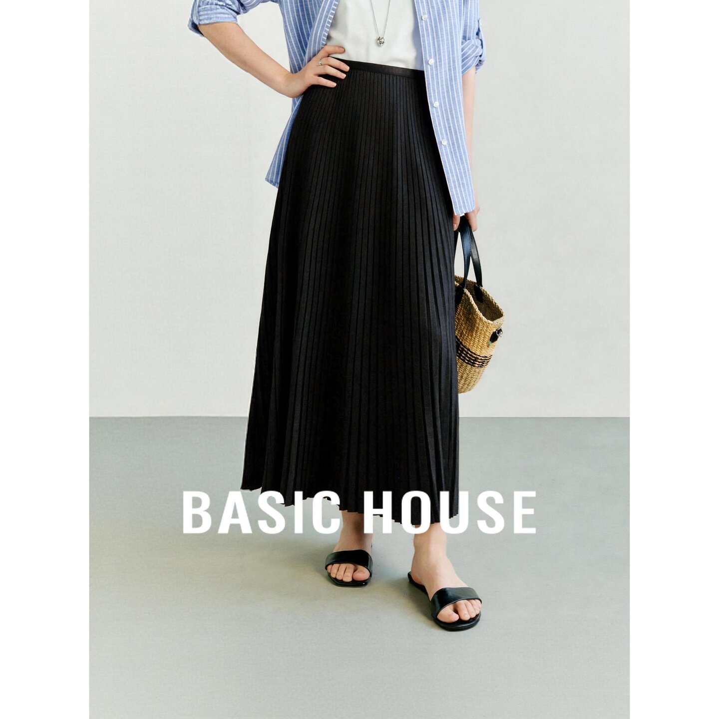 Basic House/百家好2026秋季黑色优雅垂感中长新款日常百褶半身裙