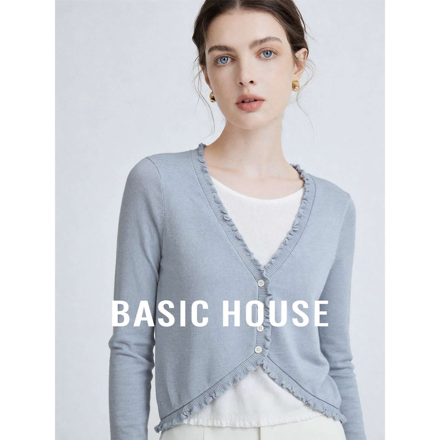 Basic House/百家好蓝色木耳边假两件针织衫女26夏季修身减龄上衣