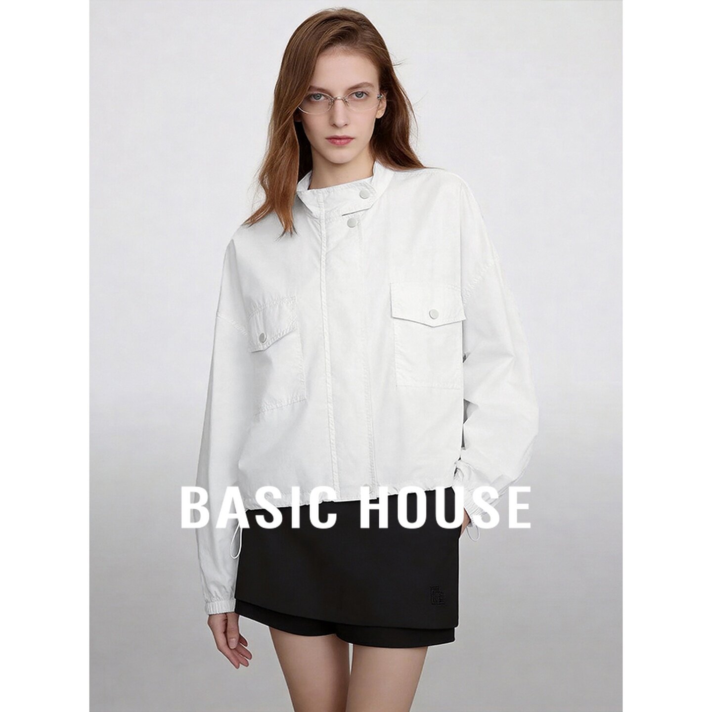 Basic House/百家好白色立领短外套女工装风宽松休闲夹克百搭上衣