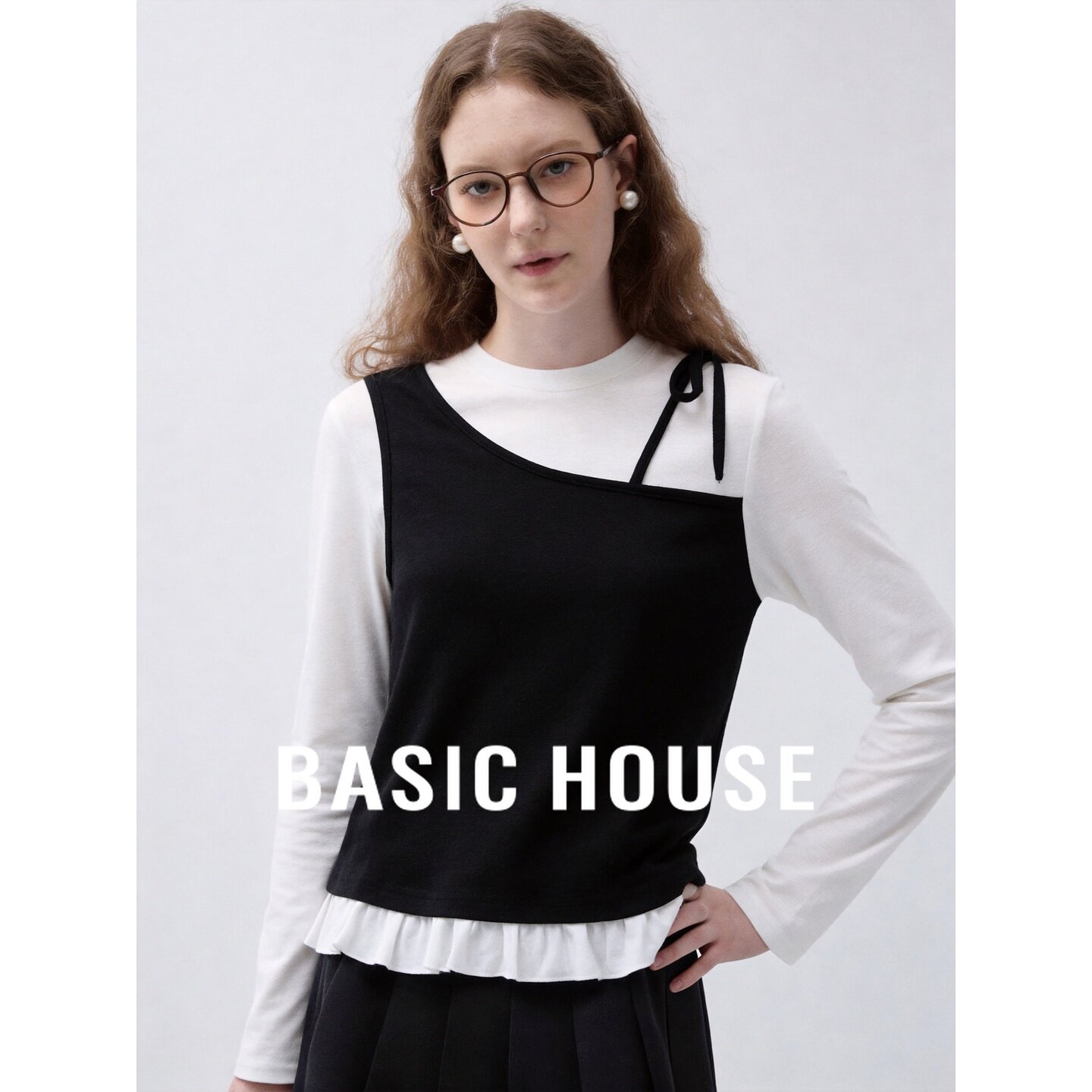 Basic House/百家好假两件拼接长袖T恤女秋设计感不对称叠穿上衣