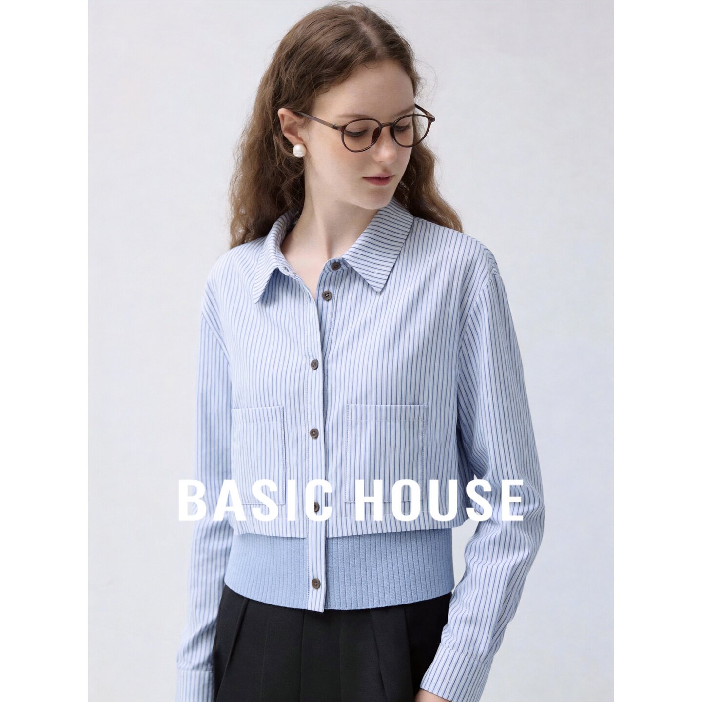 Basic House/百家好蓝色翻领拼接宽松收腰显瘦日常简约长袖衬衫女