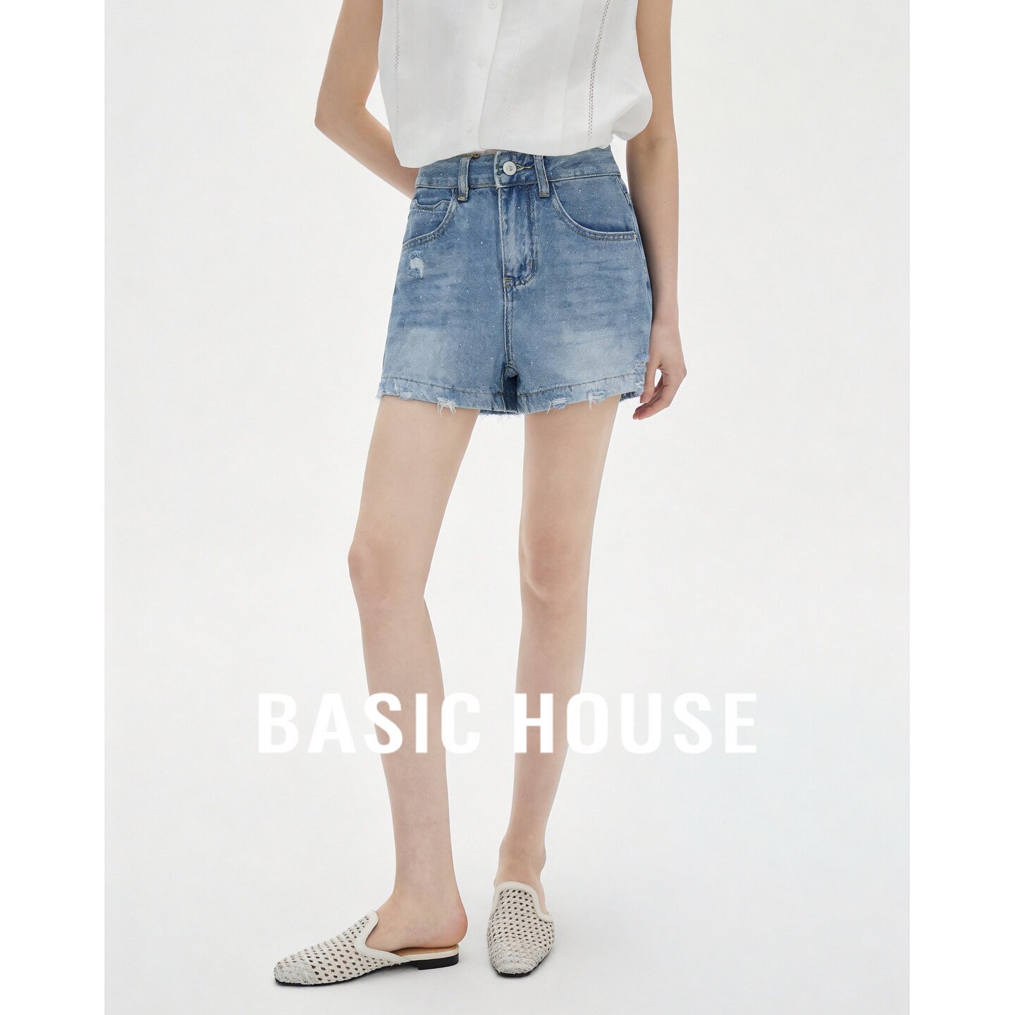 Basic House/百家好高腰宽松牛仔短裤女夏季蓝色毛边热裤显瘦百搭
