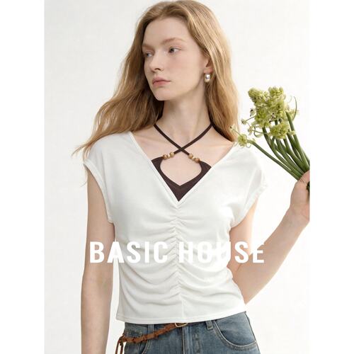 Basic House/百家好莱赛尔假两件V领短袖T恤女白色镂空设计感上衣
