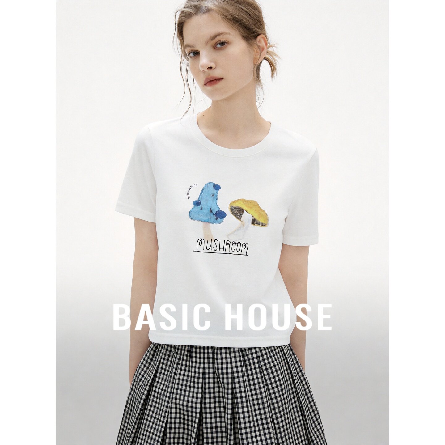 Basic House/百家好纯色简约印花设计短袖T恤女夏季含棉舒适内搭