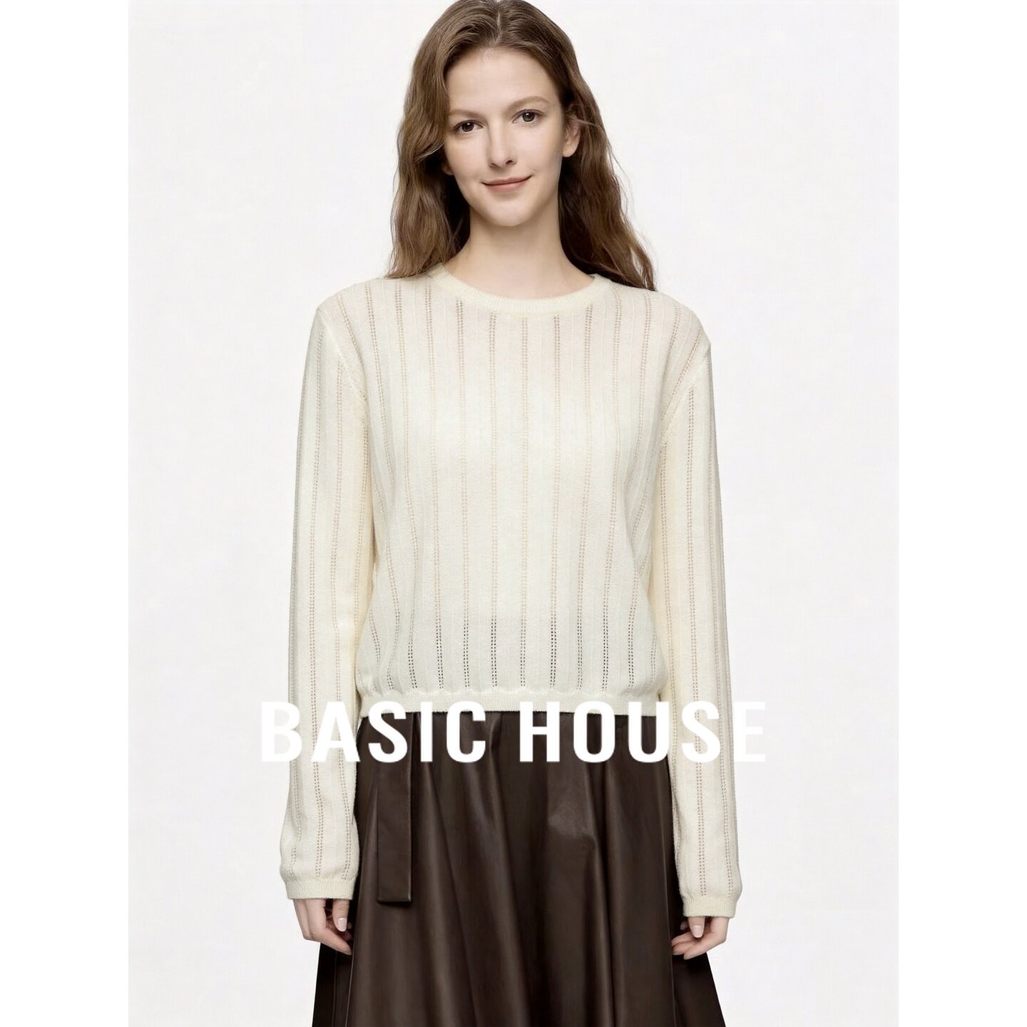 Basic House/百家好极简风圆领镂空针织衫女秋季长袖套头百搭上衣