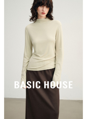 Basic House/百家好慵懒松弛堆堆领长袖T恤百搭纯色短款内搭上衣
