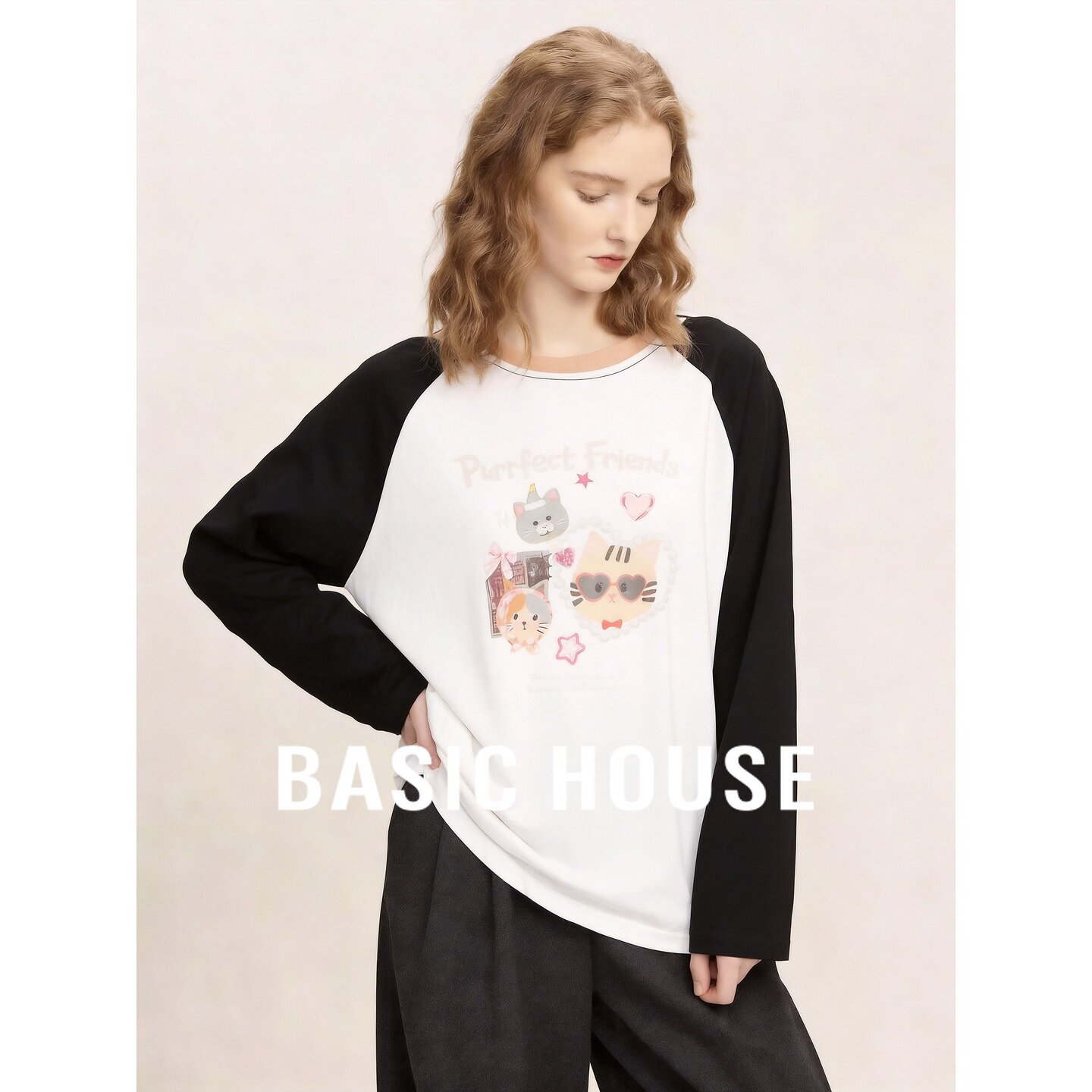 Basic House/百家好卡通印花拼色长袖T恤女韩版宽松夏秋休闲日常