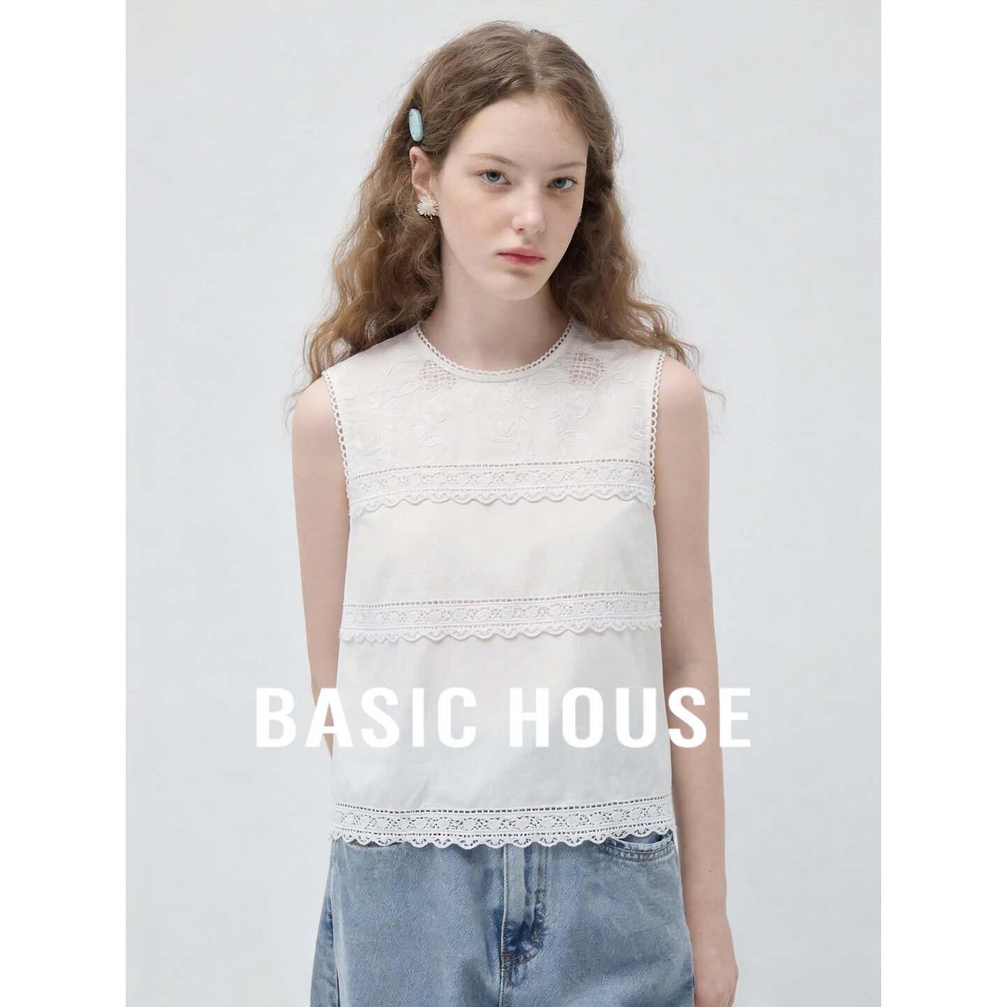 Basic House/百家好花边无袖背心女白色镂空钩花宽松百搭薄款上衣