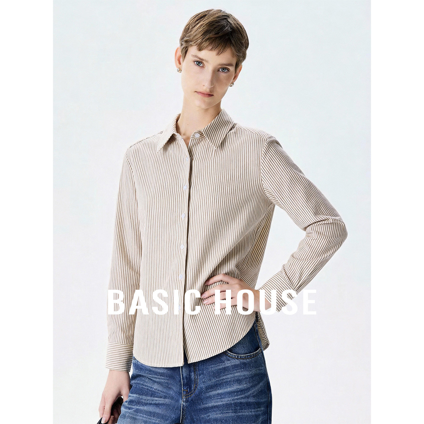 Basic House/百家好咖白条纹翻领衬衫女秋季清新休闲百搭叠穿衬衣