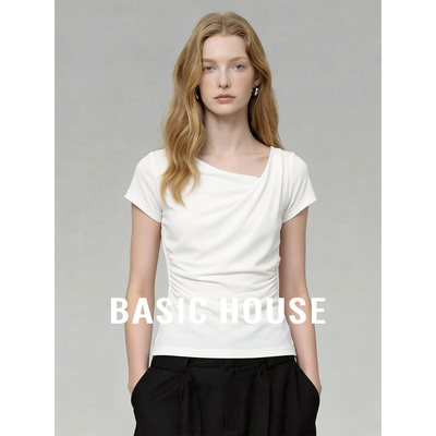 Basic House/百家好气质通勤白色T恤女26夏季修身显瘦设计感上衣