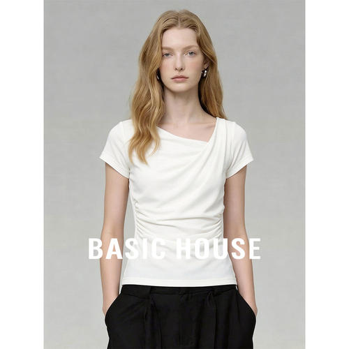 Basic House/百家好气质通勤白色T恤女26夏季修身显瘦设计感上衣
