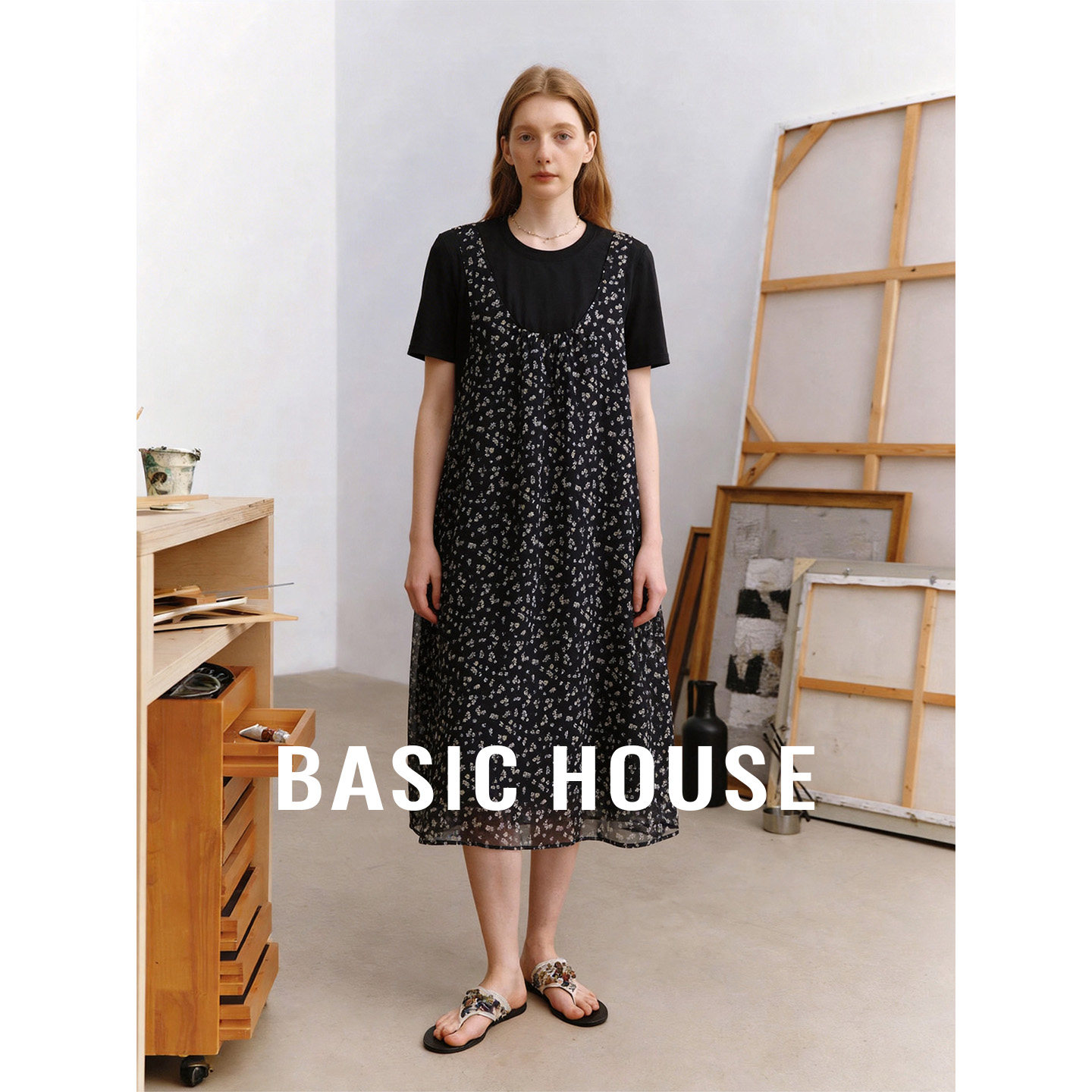 Basic House/百家好碎花假两件短袖连衣裙夏季新款圆领中长款裙子