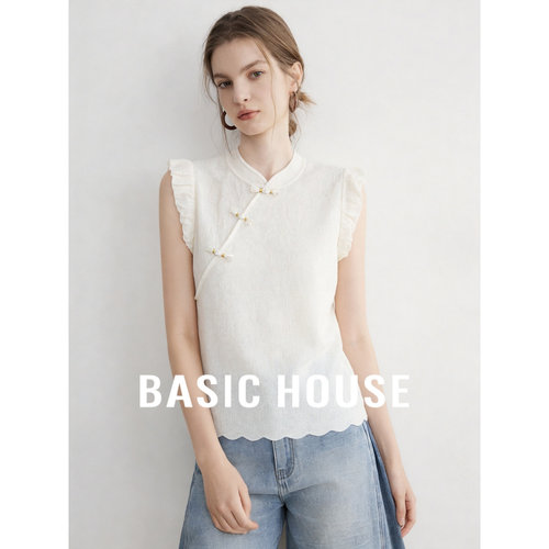 Basic House/百家好新中式盘扣飞袖针织衫女夏莱赛尔提花国风上衣