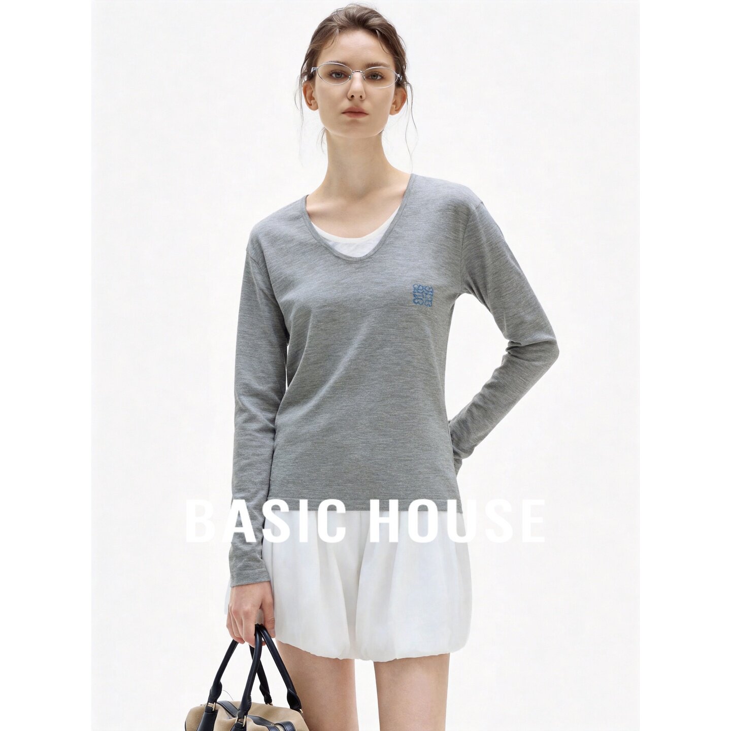 Basic House/百家好假两件撞色套头针织衫女秋季高级百搭长袖上衣