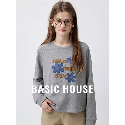 Basic House/百家好灰色休闲风圆领字母花朵印花宽松女装长袖T恤