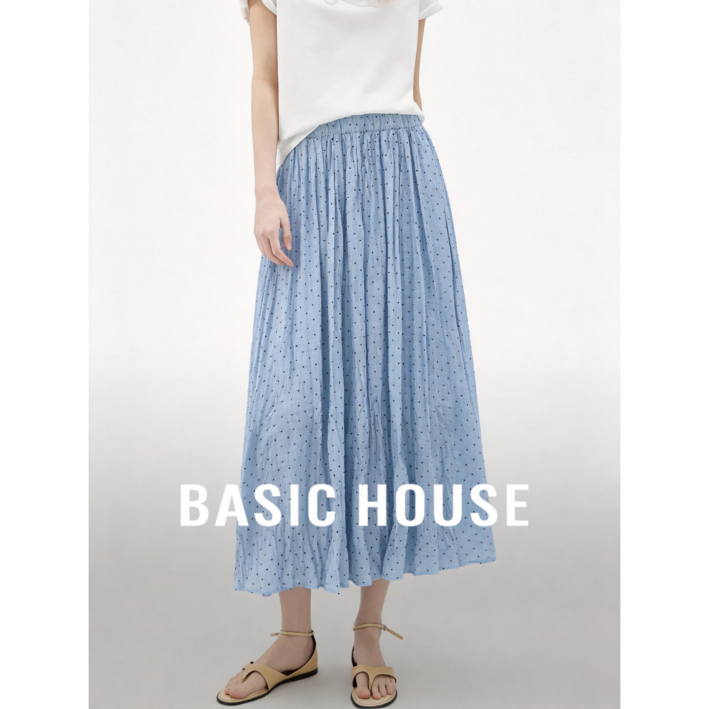Basic House/百家好蓝色波点百褶半身裙女夏季新款清新显瘦A字裙