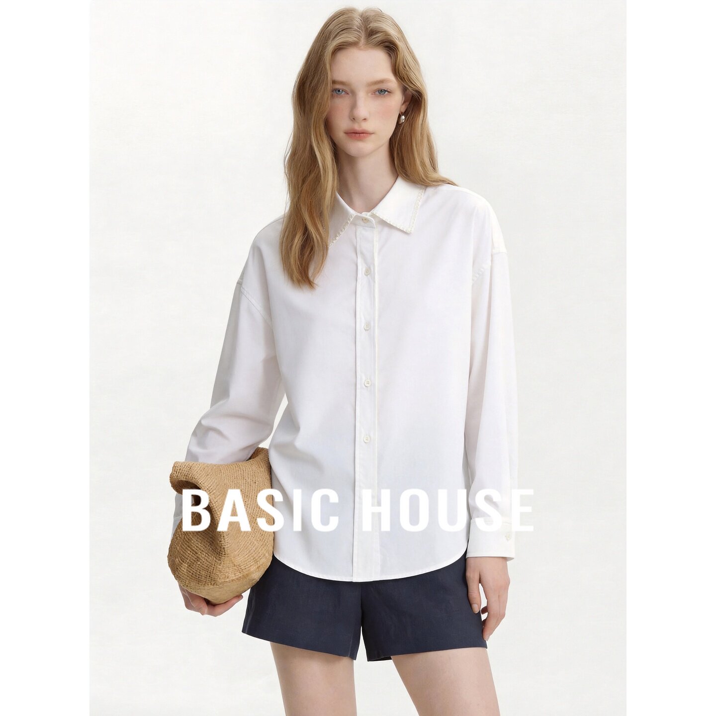 Basic House/百家好白色翻领长袖衬衫宽松女款极简韩版夏秋季通勤