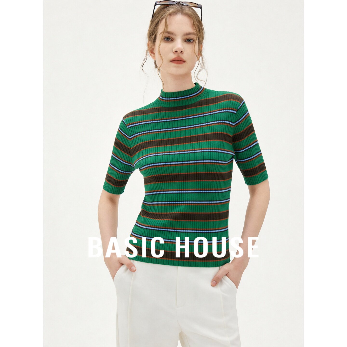 Basic House/百家好半高领条纹五分袖针织衫女修身舒适上衣秋款