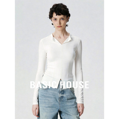 Basic House/百家好白色翻领开叉设计上衣女秋季极简百搭长袖T恤