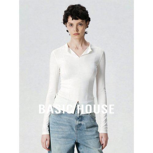Basic House/百家好白色翻领开叉设计上衣女秋季极简百搭长袖T恤
