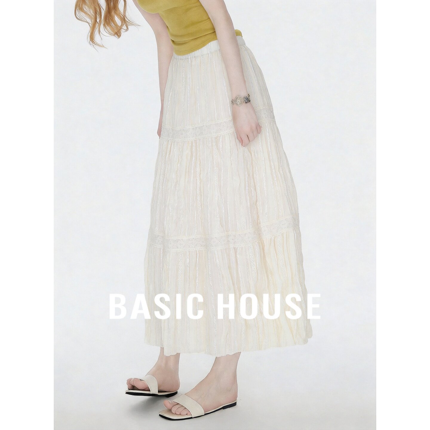 Basic House/百家好杏色温柔风花苞半身裙女夏高腰显瘦中长百褶裙