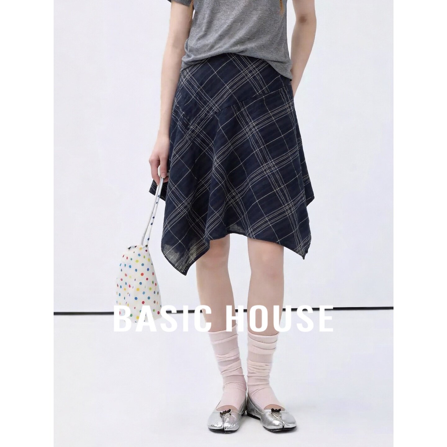 Basic House/百家好格子不规则半身裙女春秋季通勤日系韩版极简