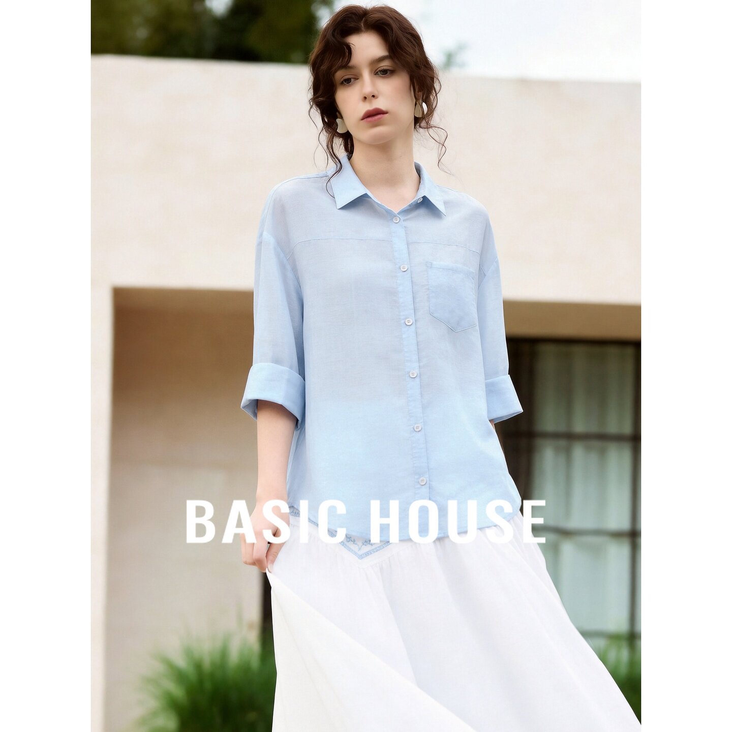 Basic House/百家好极简风蓝色麻质衬衫女夏宽松休闲纯色通勤上衣