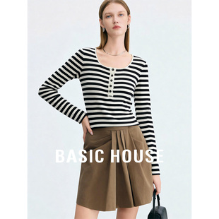 舒适柔软套头内搭上衣 百家好通勤撞色条纹圆领针织衫 Basic House