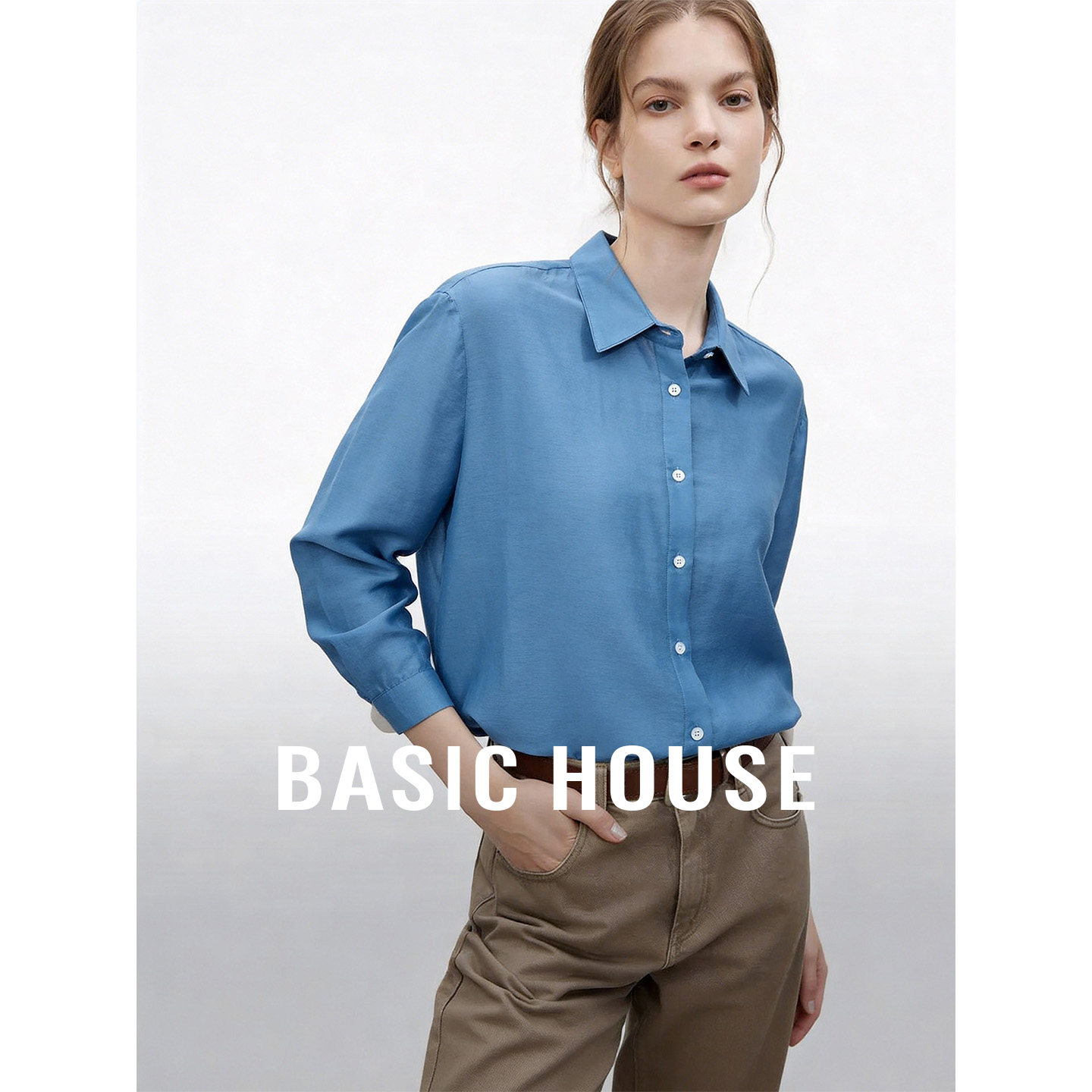 Basic House/百家好桑蚕丝纯色宽松衬衫秋季新款通勤基础叠穿衬衣