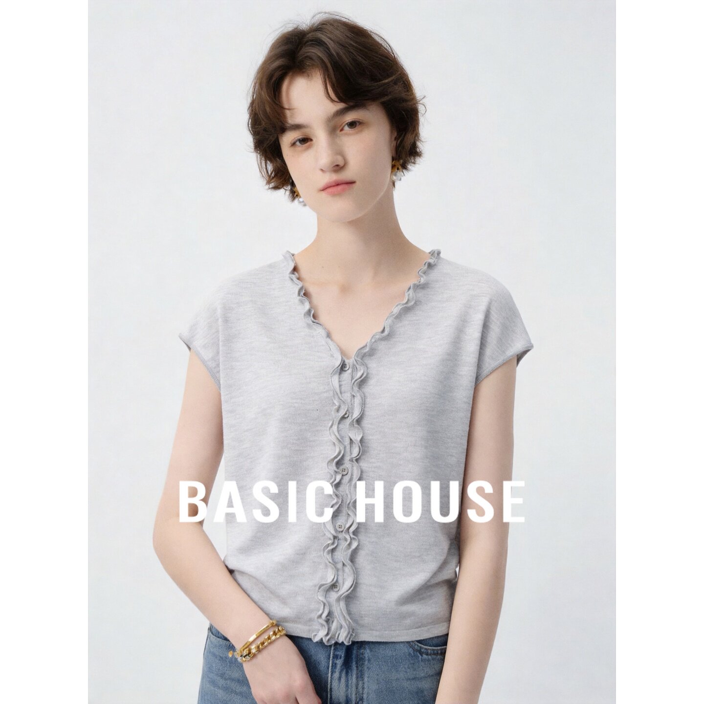Basic House/百家好韩系木耳边V领短袖针织衫女夏季亚麻透气上衣