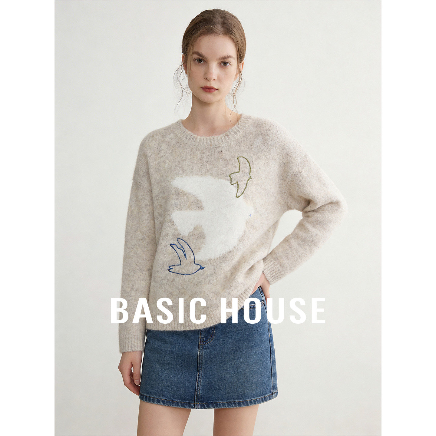 Basic House/百家好米色刺绣设计感套头毛衣女秋季宽松百搭上衣