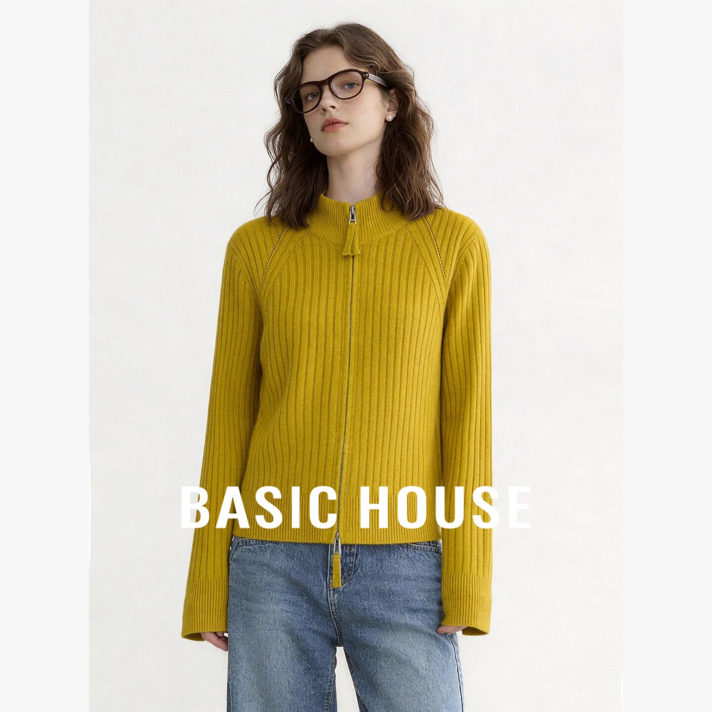 Basic House/百家好慵懒风半高领拉链针织开衫女保暖百搭毛衣外套