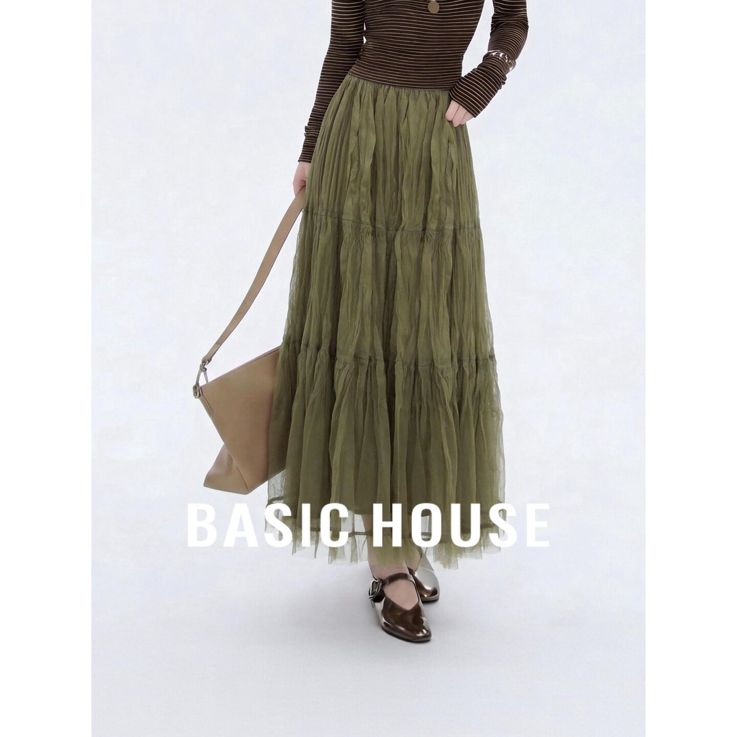 Basic House/百家好复古文艺绿色网纱半身裙女长裙高腰A字蛋糕裙