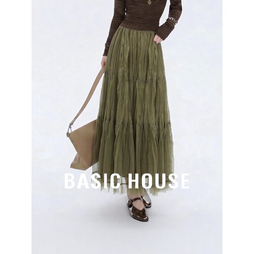 Basic House/百家好复古文艺绿色网纱半身裙女长裙高腰A字蛋糕裙