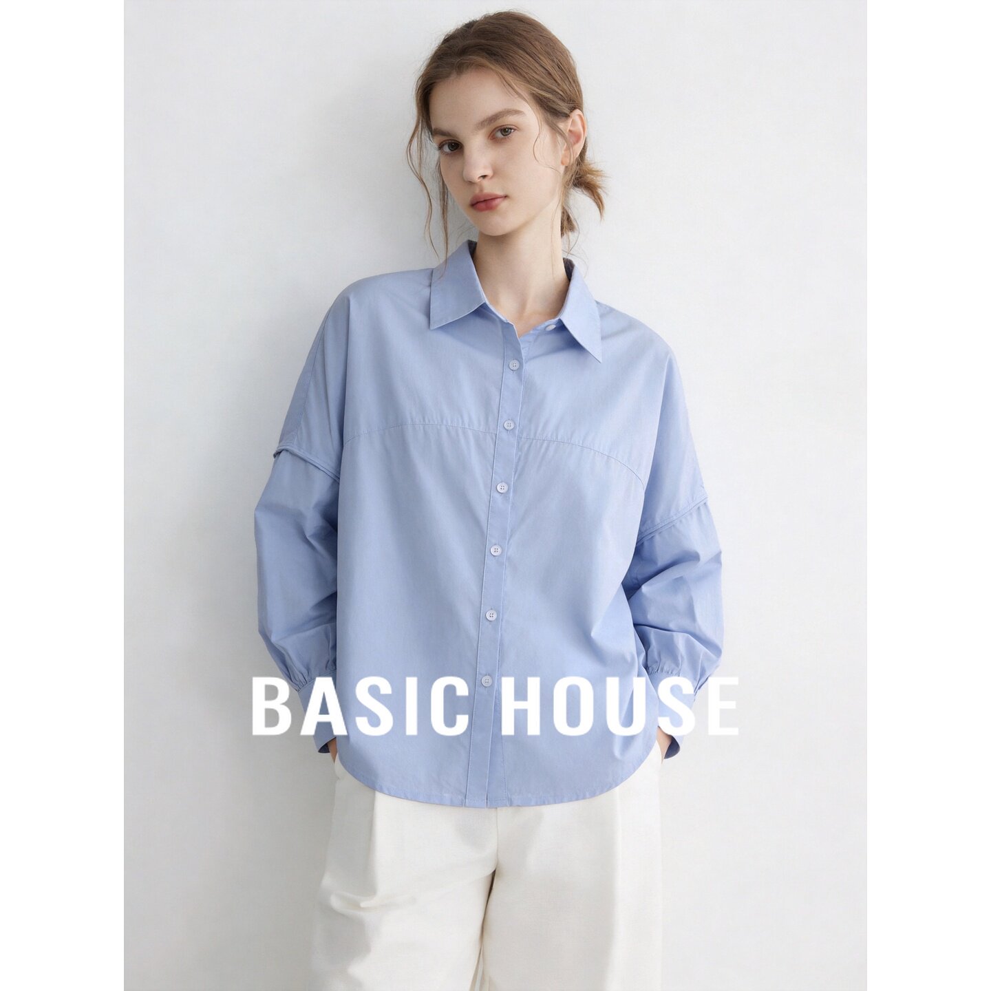 Basic House/百家好纯棉极简蓝色长袖衬衫女翻领百搭通勤纯色上衣