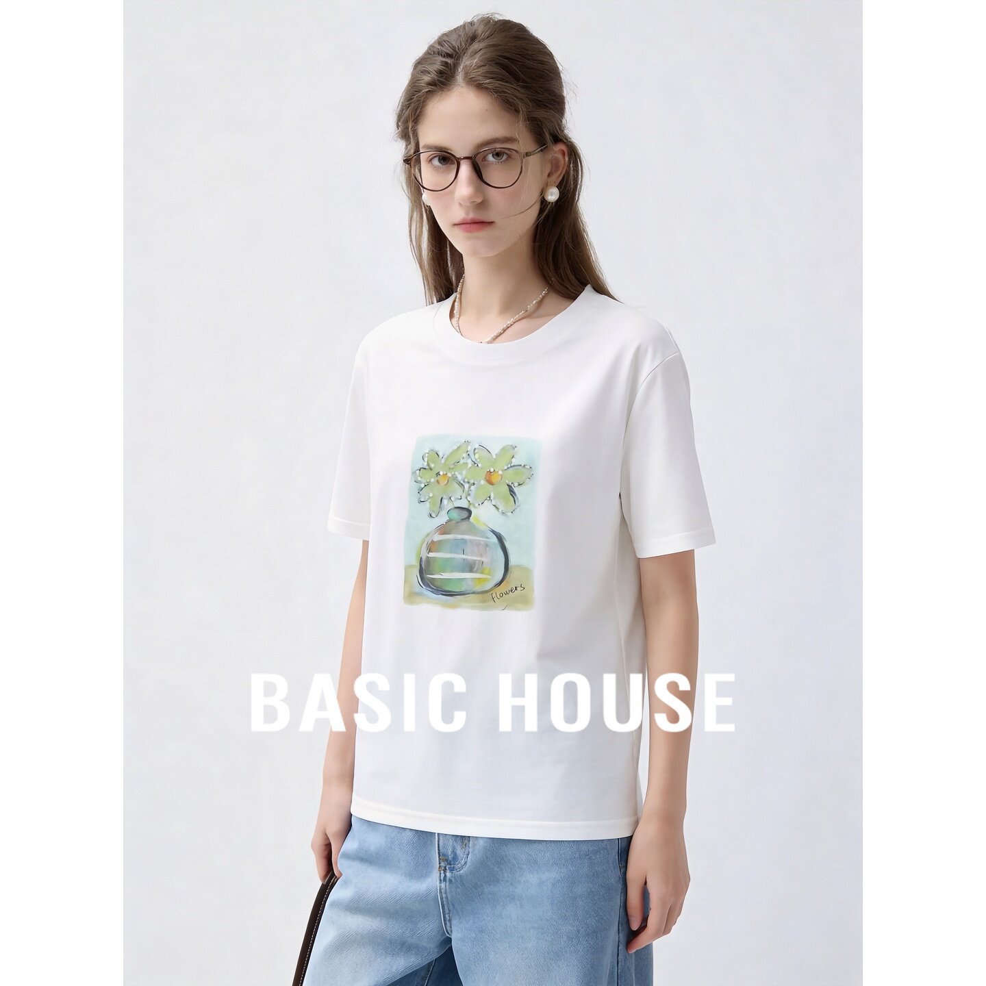 Basic House/百家好手绘花朵印花短袖T恤女白色圆领宽松减龄上衣