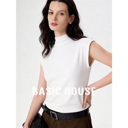 Basic House/百家好白色半高领无袖T恤坑条新款小众肌理感上衣女